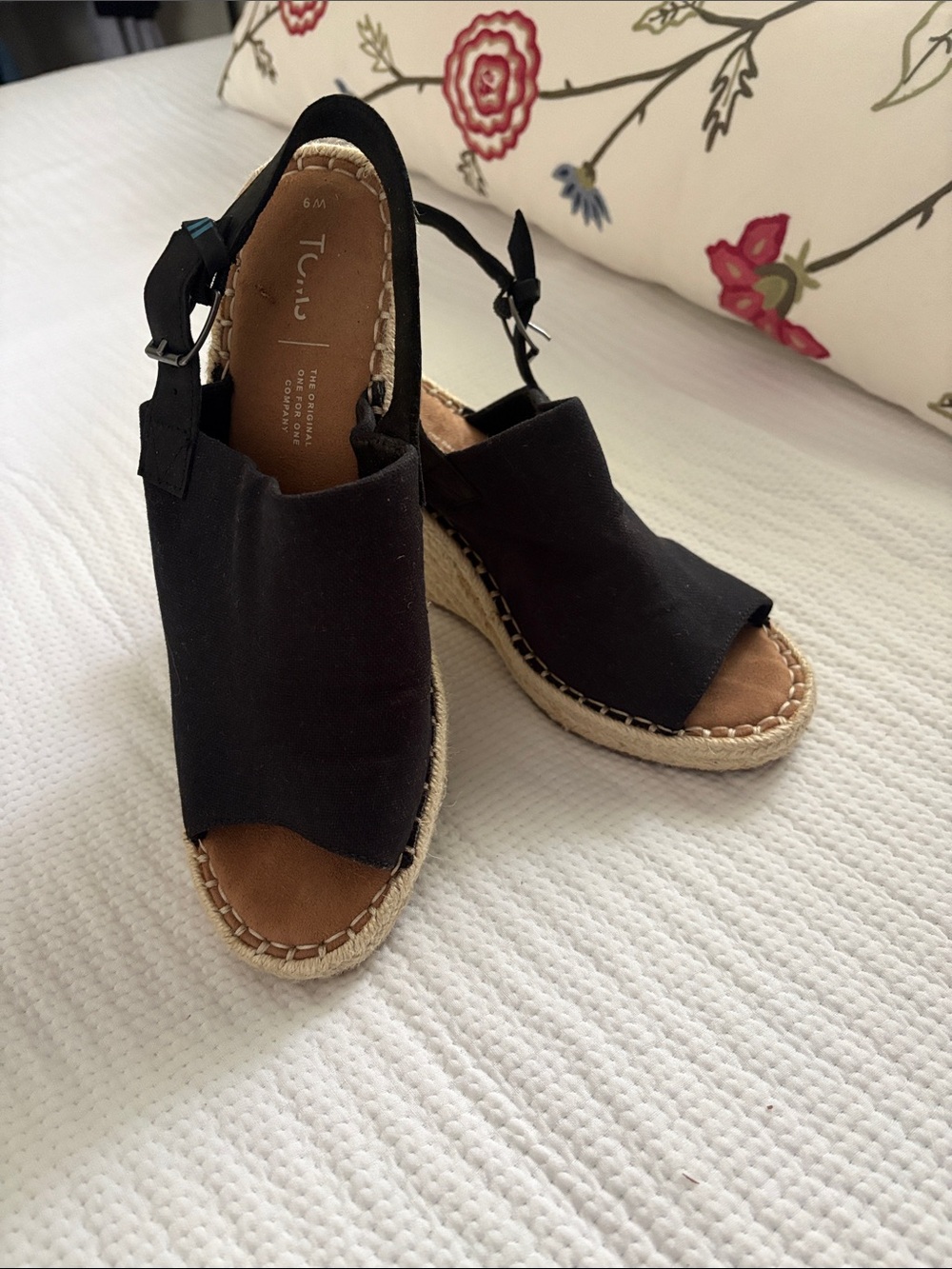 TOMS Black Canvas Open-Toe Espadrille Wedge Sandals